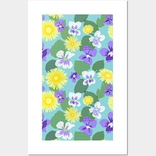 Cross-stitch Dandelions and Violets on Soft Blue Vertical Posters and Art